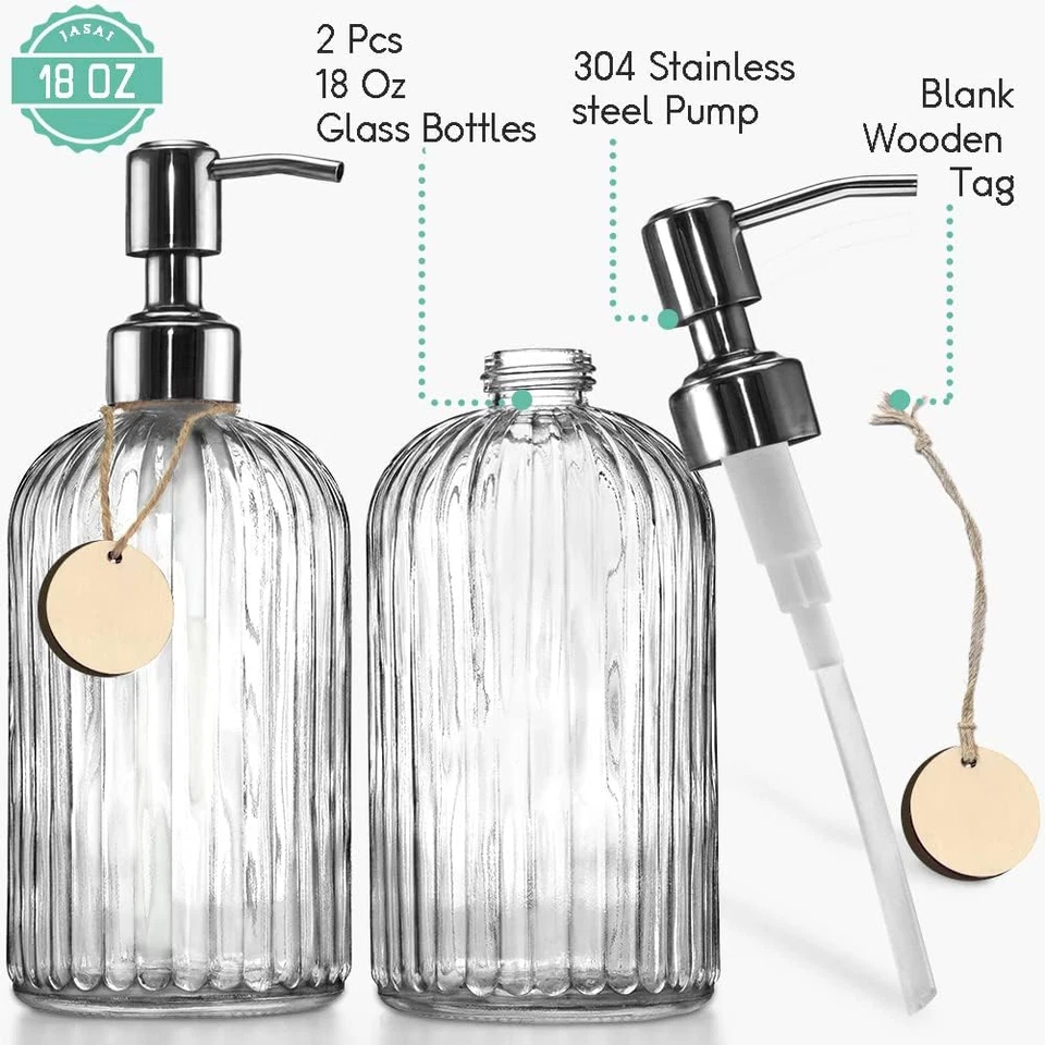 2PACK 18 Oz Glass Soap Dispenser with Rust Proof Stainless Steel Pump, Refillabl - image 2 of 4