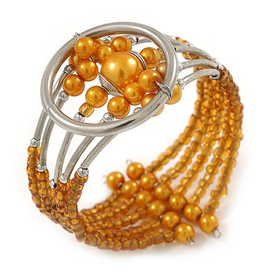 Acryl Perlen Armbanduhr Style Flex Manschettenarmband / Orange Gold - 19 cm L
