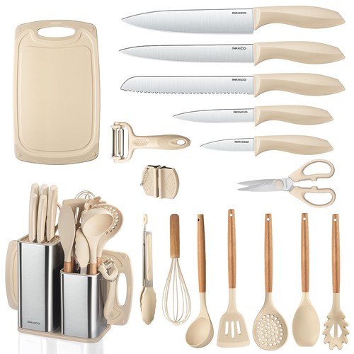 12 PCS Silicone Kitchen Utensil Accessory 6 PCS Knife Block Set Cooking Khaki - Picture 1 of 9