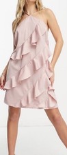 Pieces Premium Pink Satin Ruffle Halter Neck Dress Plus Size 16 2XL Occasion Sum
