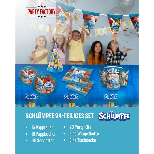 Die SchlüMpfe 94-Tlg. Party Set – Deko Mit HüTen Wimpel Tischdecke Servietten-image