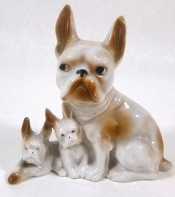 Vintage Porcelain French Bulldog & Puppies Figurine-Made in Japan-4'' Tall