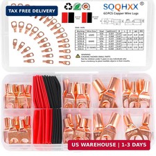 60Pcs Copper Wire Lugs, Battery Cable Ends AWG 4 6 8 10 12 Gauge Wire Connectors