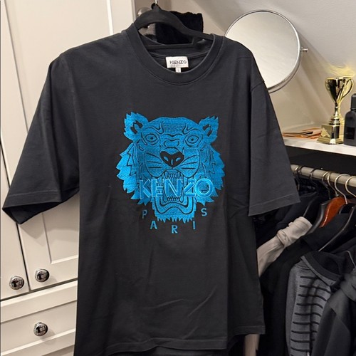 Kenzo Black Tee with Vibrant embroidered Blue Tiger Motif