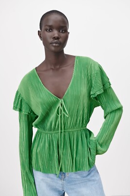 emerald green ruffle blouse