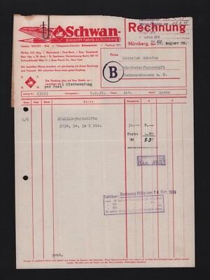 NÜRNBERG, Rechnung 1939, Schwan Bleistift-Fabrik AG Stabilo Farbstifte