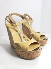 Jimmy Choo Sandals Womens Sz 39 Nude Patent Leather Cork Wedge Shoes Ankle Strap