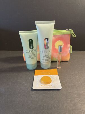 LOT Clinique Cosmetic Bag Spring Floral 7 Day Scrub 2.5 & 3.4oz Happy Mini NEW