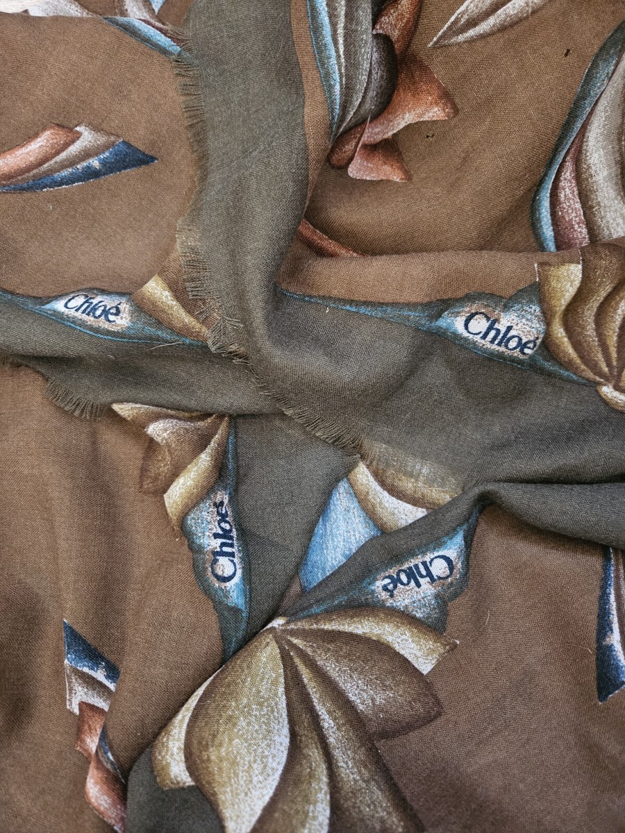 Chloé Floral Scarf Oversized 53" X 53" Brown, Blue, Olive Cotton Blend View 6