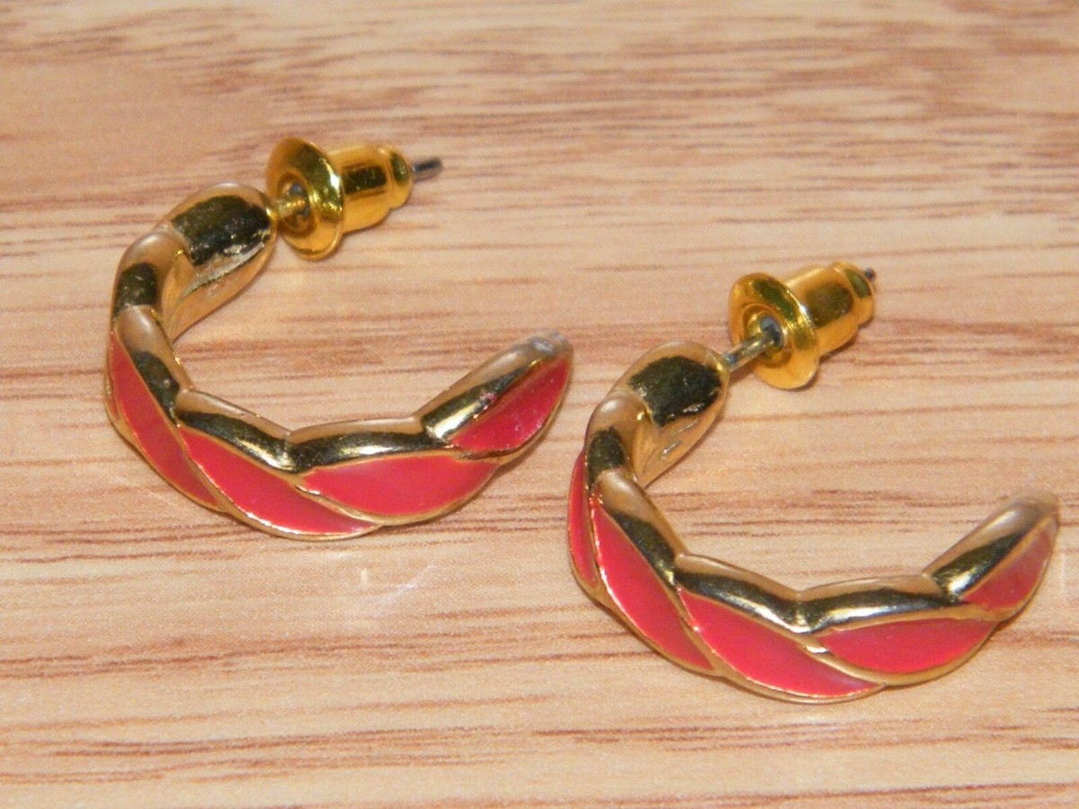 Red Gold Tone Hoop Women's Fashion Costume Jewelry Earrings