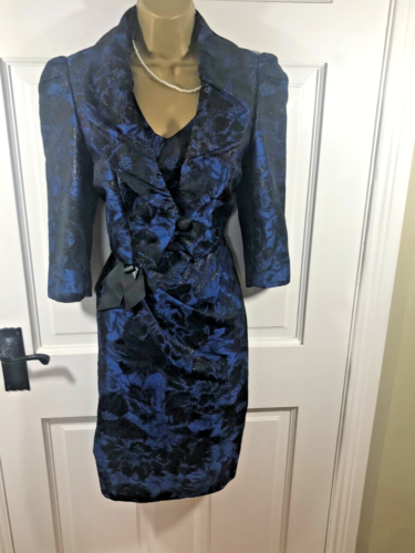 Kate Cooper Black & Blue Floral Dress & Jacket / Outfit, UK 10, Great Condition - Foto 1 di 16