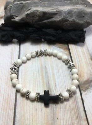 Handmade Healing Gemstone Howlite Turquoise Cross Stretch Bracelet  USA