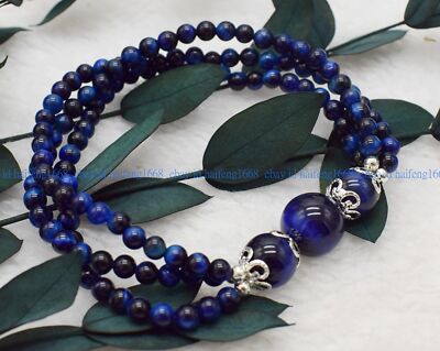 3-Reihen Natürliche 4mm Echte Blaue Tigerauge Runde Edelstein Armband 19cm