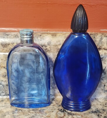 2 LOT Bourjois Cobalt Blue Perfume Bottle Evening in Paris Glass Cologne Vintage