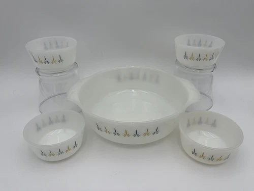 Vintage FIRE KING Candle Glow  Casserole  #437 1 1/2 Quart & 4 Custard Cups