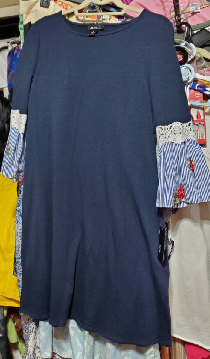 Abito a tubino ALYX blu navy a righe ricamo pizzo manica a campana tasca ~ M M3020