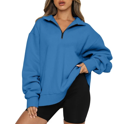 Womens Oversized Half Zip Pullover Long Sleeve Sweatshirt Hoodie Sweater Blouse - Picture 71 of 75