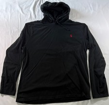 Polo Ralph Lauren Men's Large SOLID BLACK Light Hoodie Sweatshirt with RED PONY