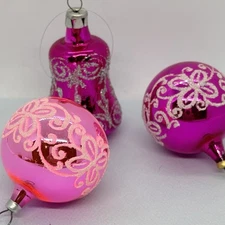 Vintage Feather Tree Ornament Lot Small Bright Pink Stencil Mica Christmas