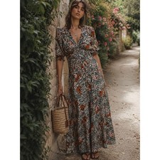 Christy Dawn Silk Short Sleeve Ruched Floral Mosaic Print Maxi Dress Size XS
