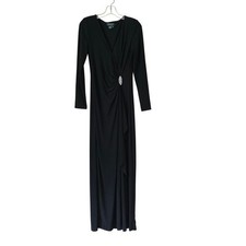 Lauren Ralph Lauren Evening Black Long Sleeve Brooch Faux Wrap Gown Dress 10