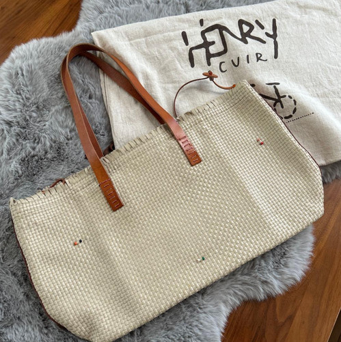 HENRY CUIR Off-White Woven Leather Tote Bag From Japan Used