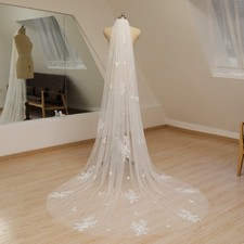Lace Flower Pearls Tulle Wedding Veil Long Bridal Veil Handmade Veil