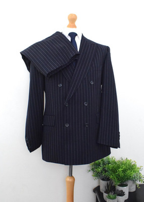AQUASCUTUM Navy English Twill Pinstripe Suit Size 40S/50 W34 L28 Double Breasted