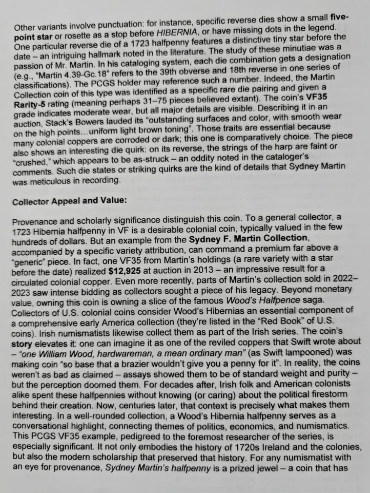 1723 Wood's Hibernia Halfpenny — PCGS VF35 — Sydney F. Martin — Martin 4.54-Ha.2 - Image 4 of 4