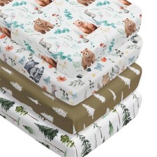 4 Pack Woodland Forest Animals Wood Neutral Unisex Fitted Baby Crib Sheets Se...
