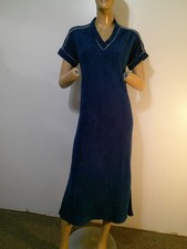 Vtg 70s Navy Blue w White Trim Terry Cloth V-Neck S/S Maxi Dress M-L Made in USA