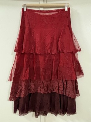 Anthropologie Tiered Tulle Red Ruby Lace Maxi Skirt Layered Whimsigoth SIZE 2 XS