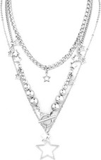 Silver Star Chain Choker Y2K Stackable Chunky Pendant Grunge Necklace...