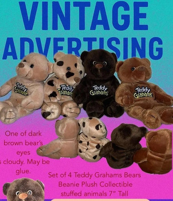 4 Teddy Graham Bears Beanbag Beanie Plush Toy Collectible Advertising Merch