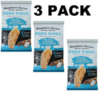 3 Pack Southern Recipe Pork Rinds Sea Salt & Cracked Black Pepper Fried