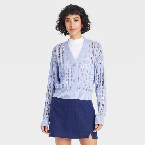 Women's Openwork Cardigan - A New Day Light Blue M