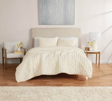 Full/Queen Comforter Set, All-Season, 3-Piece, Cream Puffy Seersucker