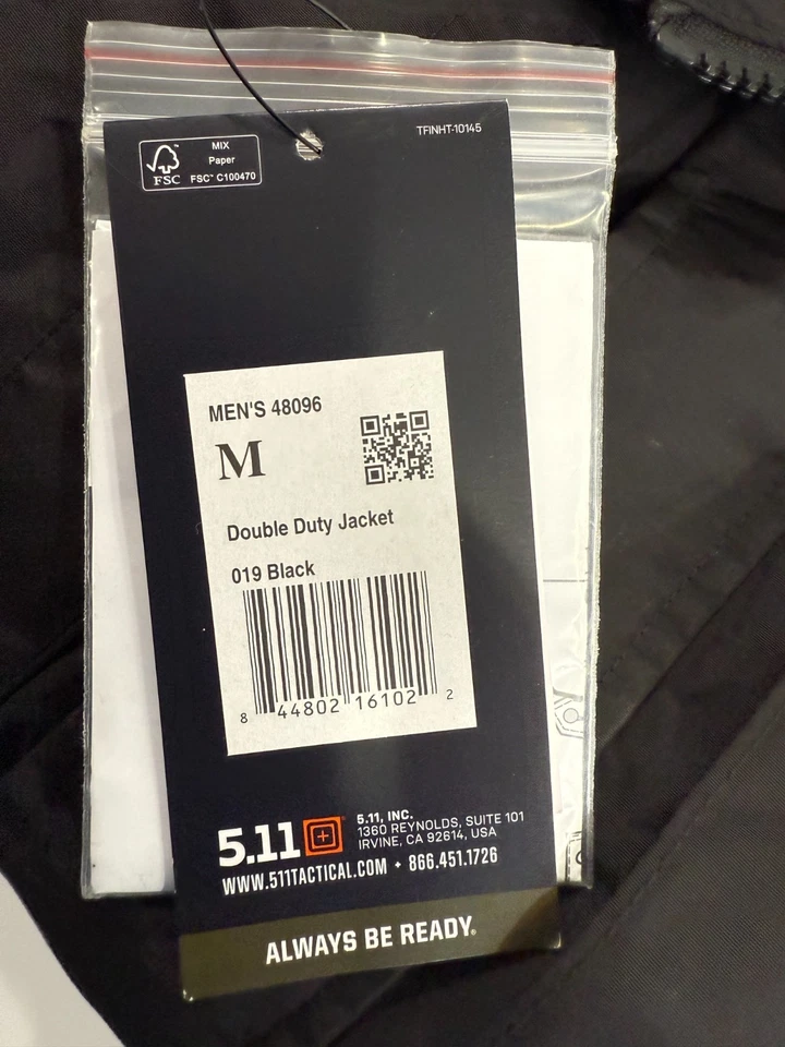 NEW MEDIUM REG 5.11 TACTICAL DOUBLE DUTY RAIN JACKET BLACK 48096 SHELL ONLY - Image 4 of 4