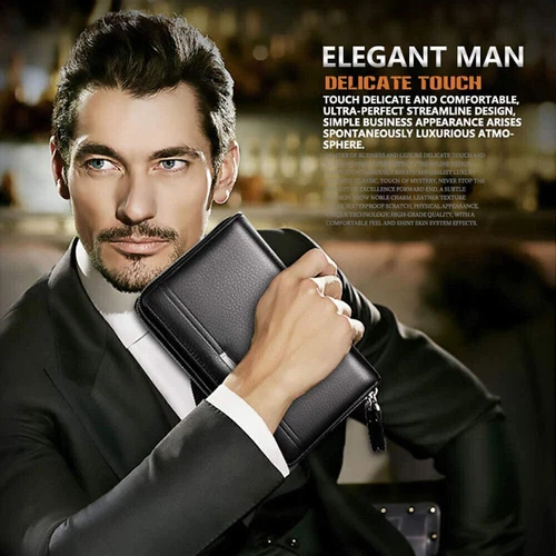 Herren Handtasche Leder Handgelenktasche Große RFID Schutz Brieftasche Geldbörse - Bild 9 von 16