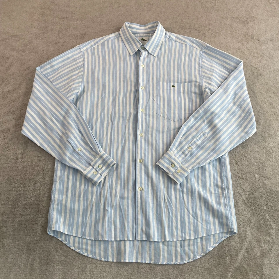 Camisa Lacoste Hombre 42 Grande Azul Rayas Mezcla Lino Manga Larga Logo Cocodrilo Foto 4 de 4