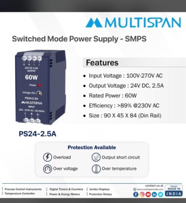 Multispan SMPS 60watt 24vdc 2.5A din rail type