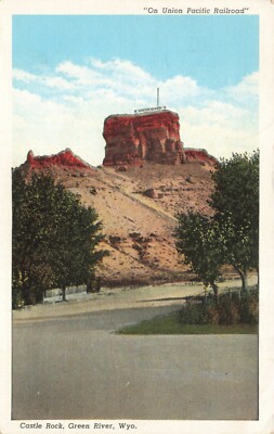 Postcard WY Green River Union Pacific Railroad Train Castle Rock Overland Trail
