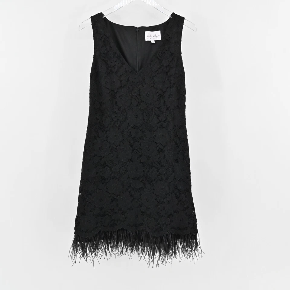 Vestido NICOLE MILLER Talla 10 Negro Borde Pluma Cuello Sin Mangas Encaje Mini Aleta Foto 2 de 4