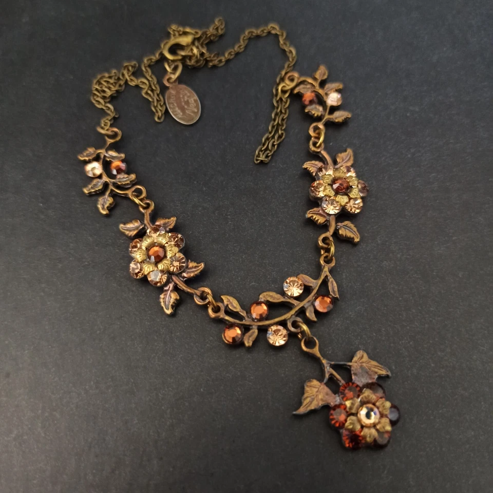 Collar Michal Negrin Rosas Marrones Cristales Gota en Y Romántico Cóctel Retro De Colección Foto 3 de 4