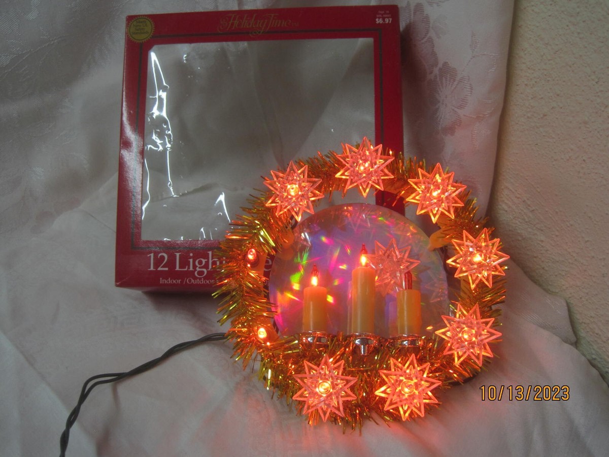 Vintage gold Tinsel Christmas Tree Topper Lighted Wreath with Candles #30