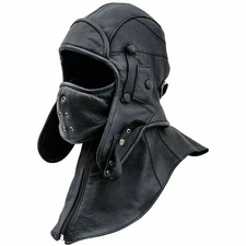 100 % Real Leather Aviator Cap with Collar and Face Cover Tactical Pilot Hood