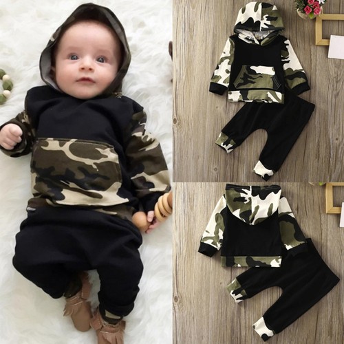 2PCS Toddler Newborn Baby Boy Camouflage Hooded Shirt Tops+Pants
