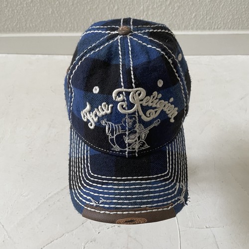 Cappello vintage TRUE RELIGIOSI effetto invecchiato blu a quadretti cappello da camionista Buddha RARO
