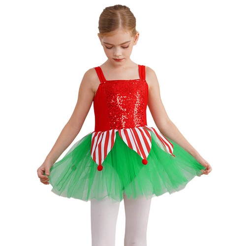 Girls Christmas Dance Costume Sleeveless Jagged Pompoms Tulle Skirt Jumpsuit - Picture 10 of 65