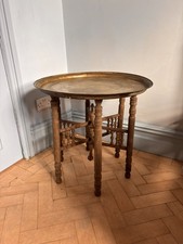 Antique Moroccan Foldaway Brass Tray Table Carved Hardwood Occasional Side Table